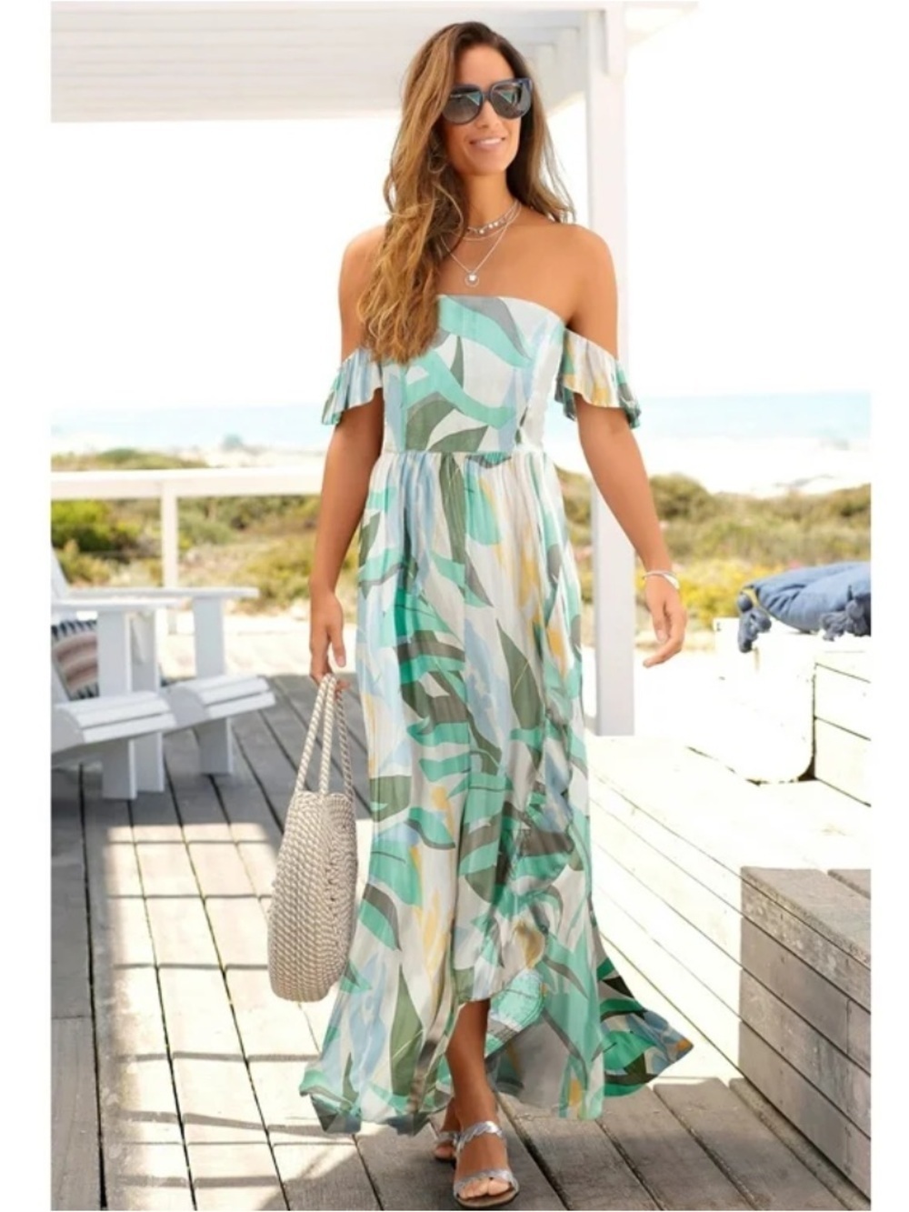 Lascana Off-Shoulder Green Tropical Bohemian Print Maxi Dress Size Large